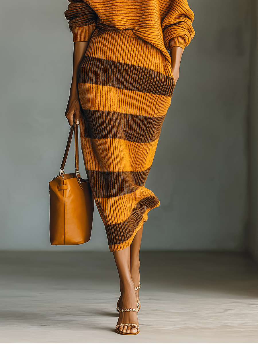 Women's Orange Ribbed Knit Turtleneck Batwing Top And Brown Striped Skirt Set MDA0840I9T