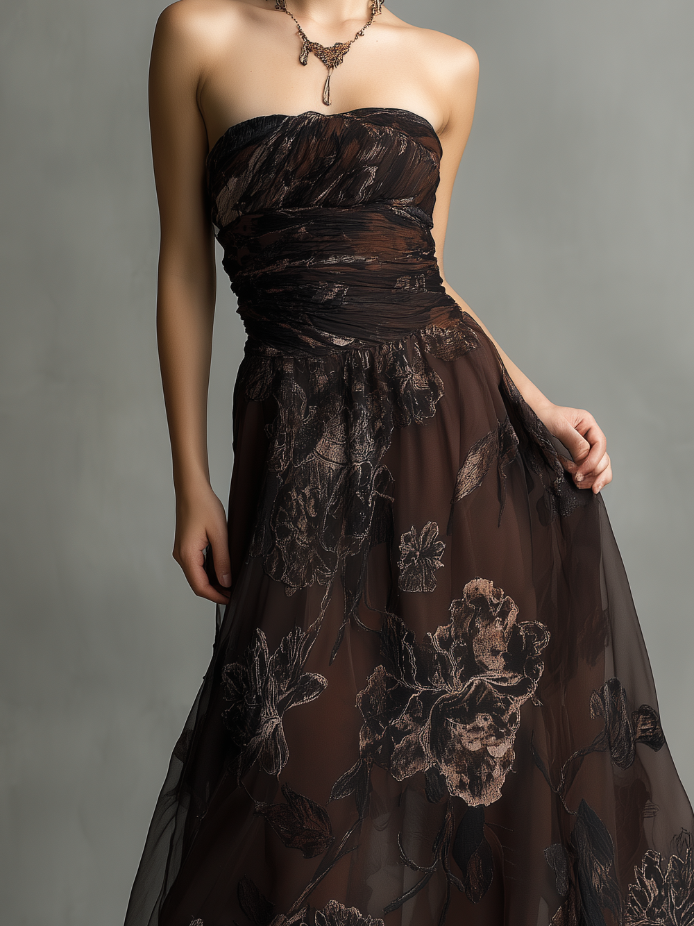 Women's Elegant Brown Printed Chiffon Strapless Sleeveless Long Dress MDZ1305B0AN