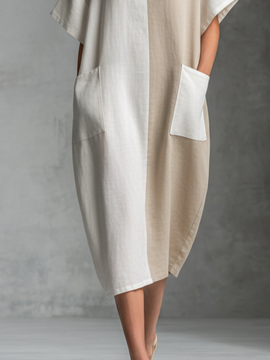 Women's Casual Loose-fitting Dress In White And Khaki Color-blocked Faux Linen Fabric MDZ3099A0BA