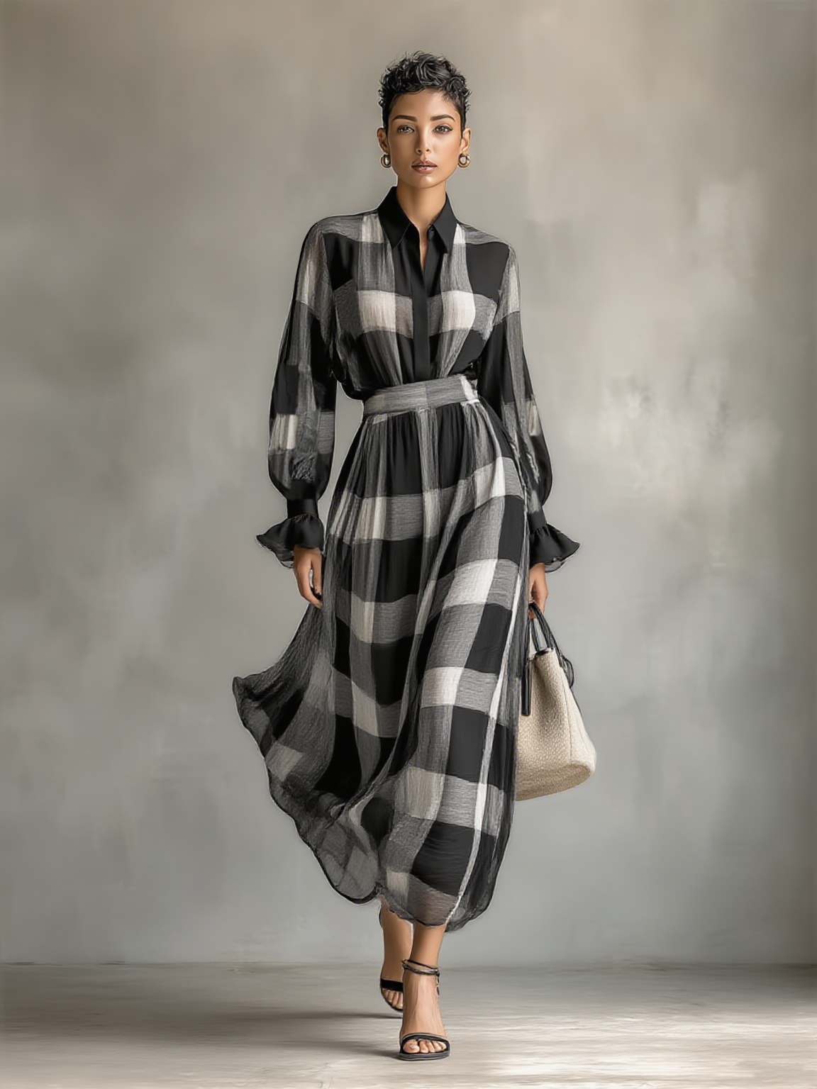 Women's Fashion Plaid Lapel Shirt Long Skirt Set MDA0470H3Y