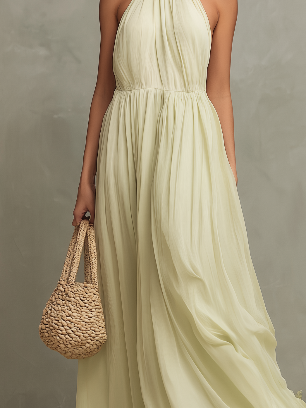 Women's Elegant Light Yellow Chiffon Halter Neck Sleeveless Loose Long Dress MDZ0392C8AN