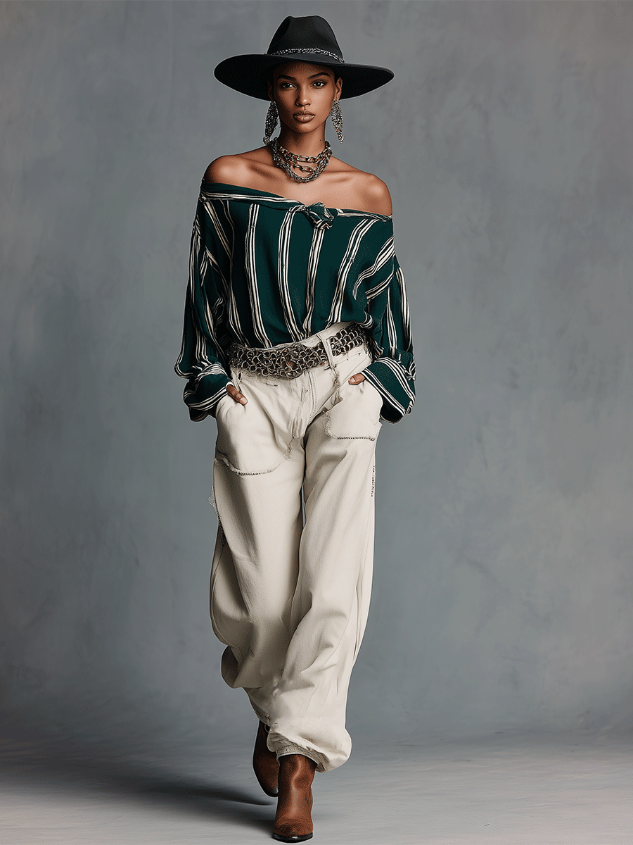 Women's Green - White Bohemian Striped Cotton Off - The - Shoulder Top And Wide - Leg Pants Set MDA0837I9I