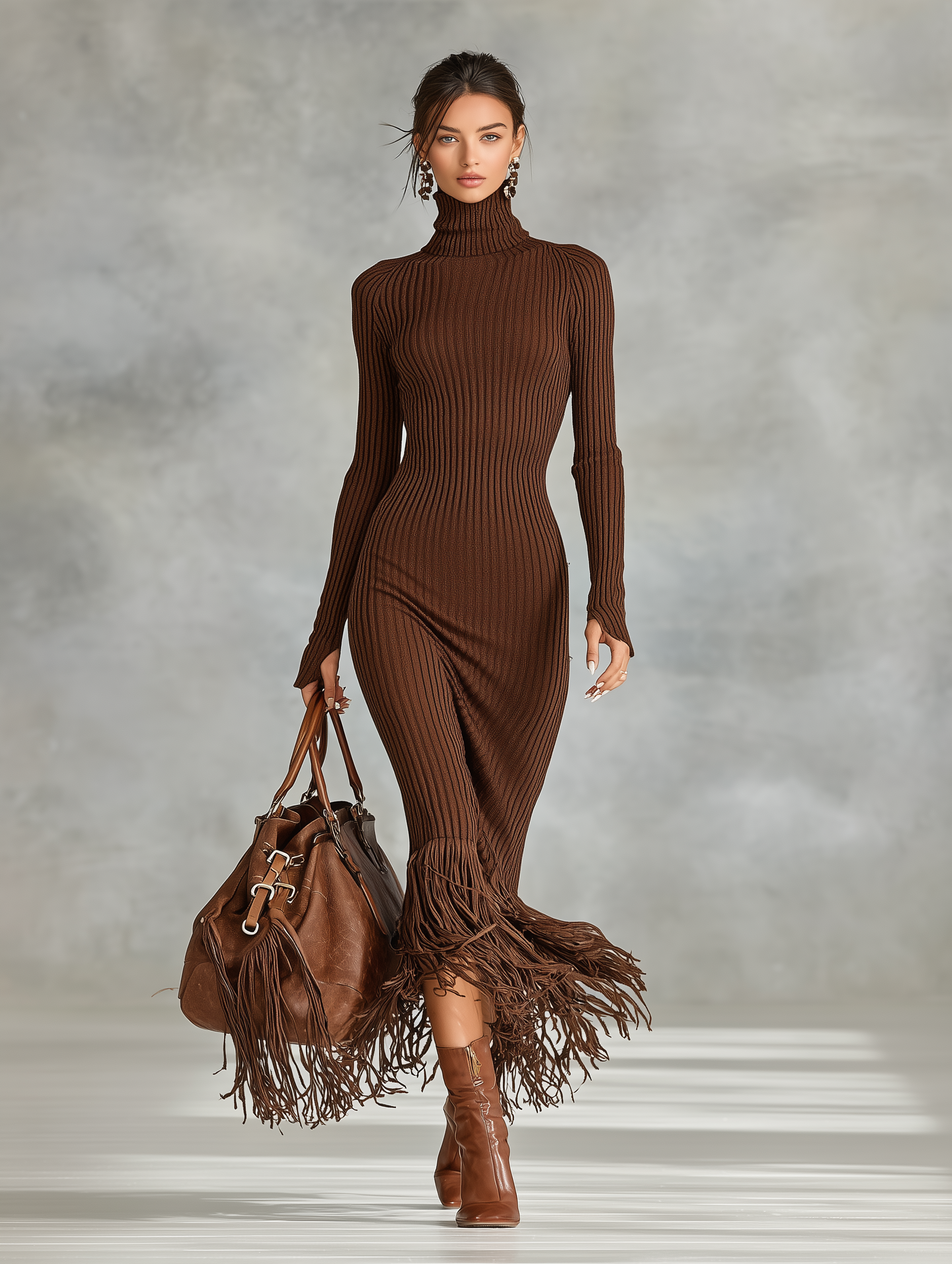 Women's Fashionable And Elegant Brown Turtleneck Fitted Knit Dress With Tassel Trim At The Hem MDA1918K9AN