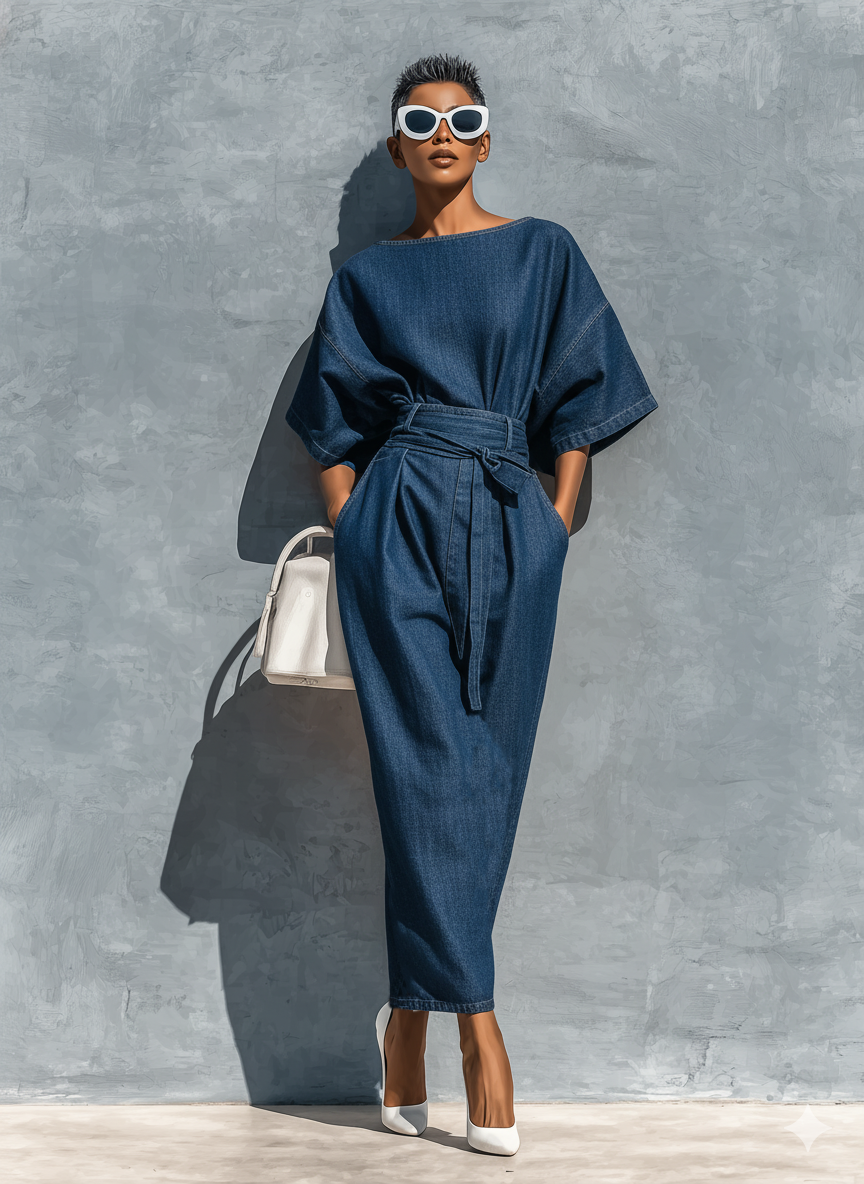 Women's Minimalist Denim Short-sleeved Blouse And Skirt Set MDA2340L5Y