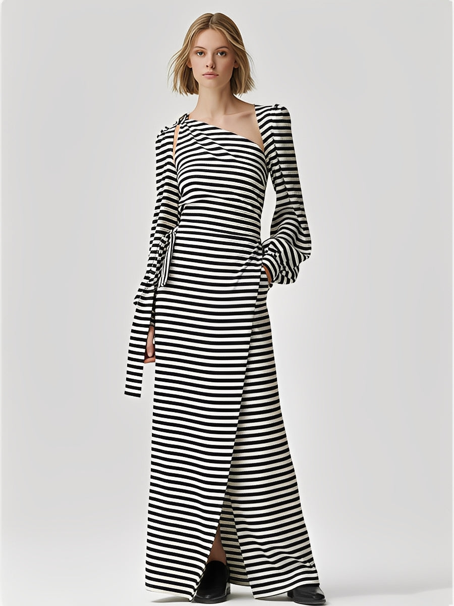 Women's Monochrome Striped Textured Dress With Wrap Silhouette & High Slit, Modern Effortless Style Dress MDA1831L0I