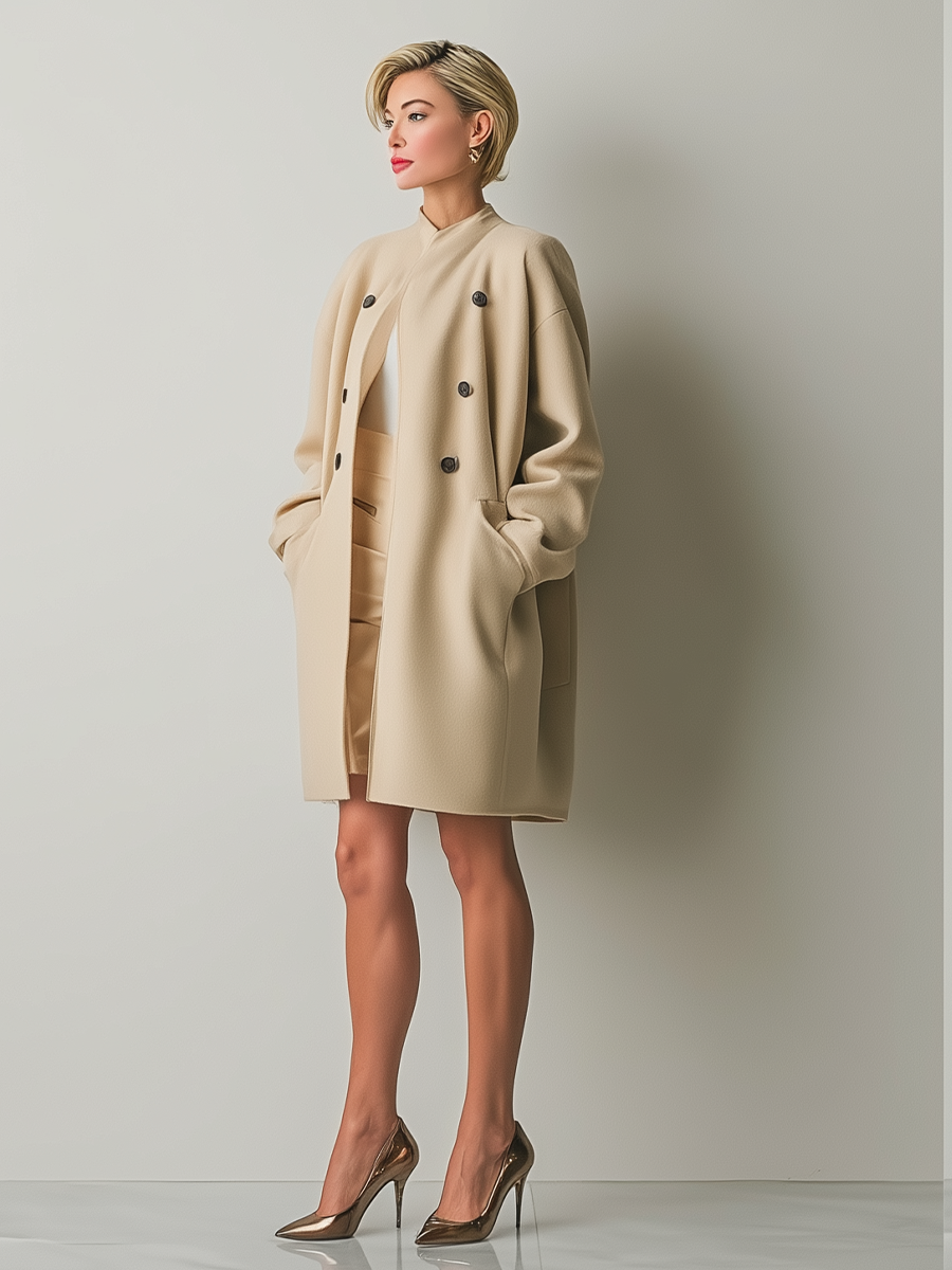 Women's Beige Wool Blend Loose Simple Coat MDA1674I0T
