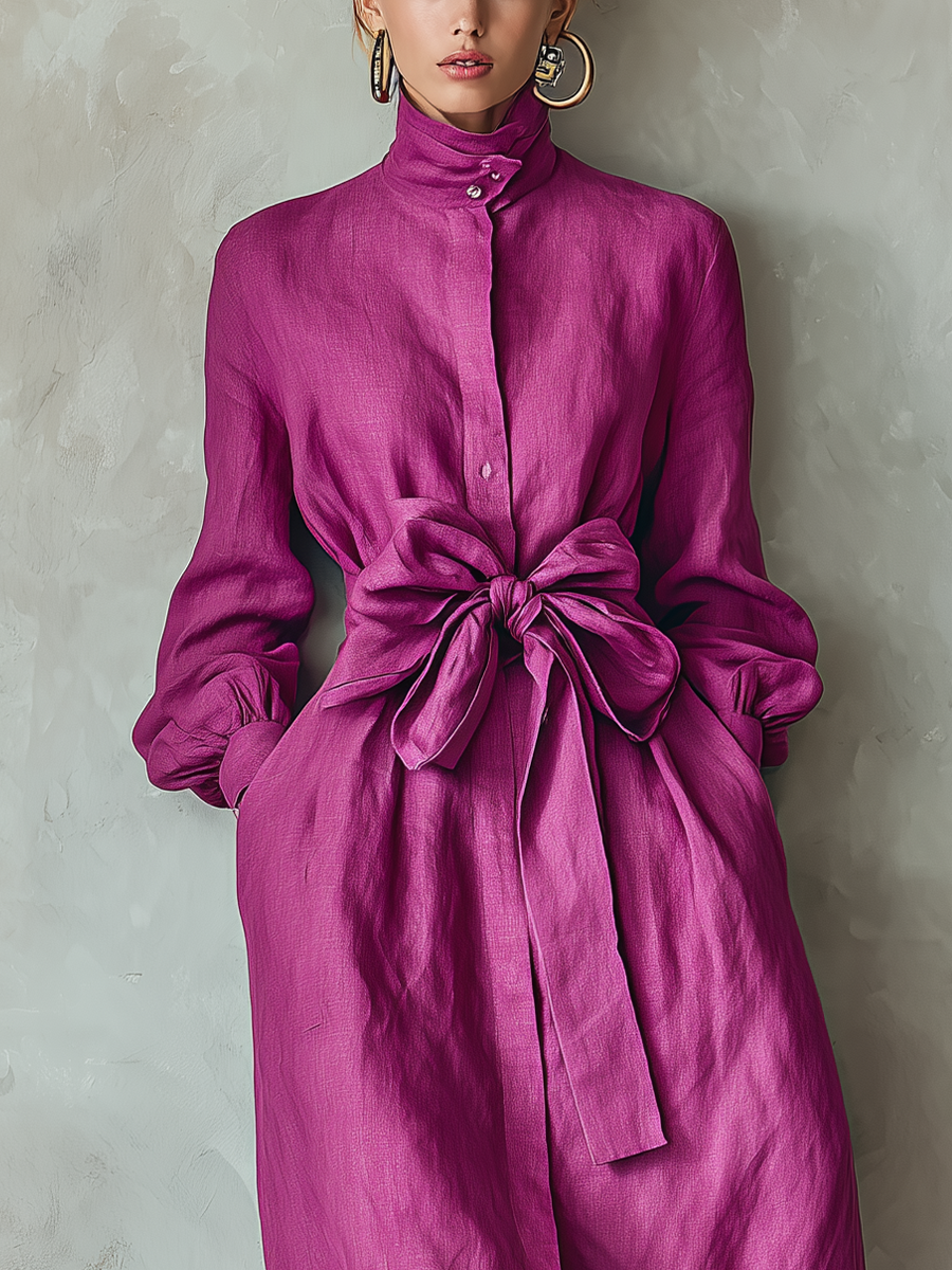 Women's Rose Red Linen Blend Bow-Knot Waist-Defining Stand Collar Midi Dress MDA0128L7T