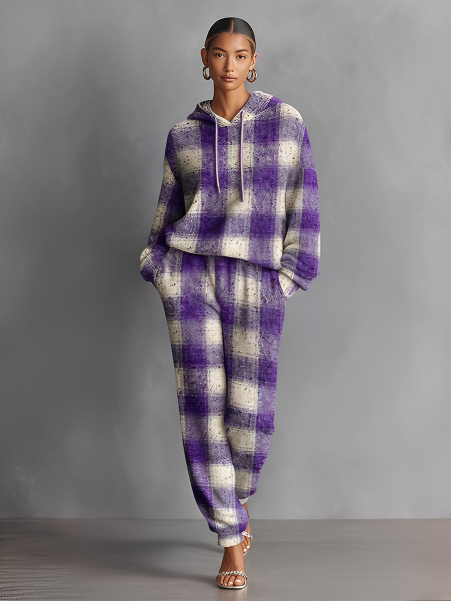 Women's Lavender Plaid Textured Woven Fashion Set With Drawstring Hood & Side Pockets, Edgy Everyday Style Set MDA2723K6I
