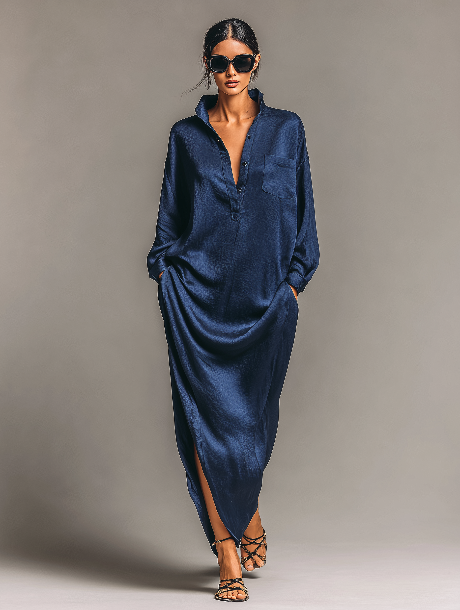 Women's Fashionable And Elegant Dark Blue Glossy Satin Long-sleeved Shirt Dress With Pockets MDA2466K9AN