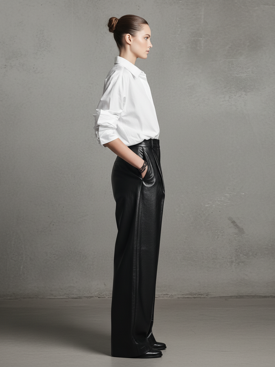 Women's Chic Cotton Shirt & Leather Wide-Leg Pants Set MDA1221L9AU
