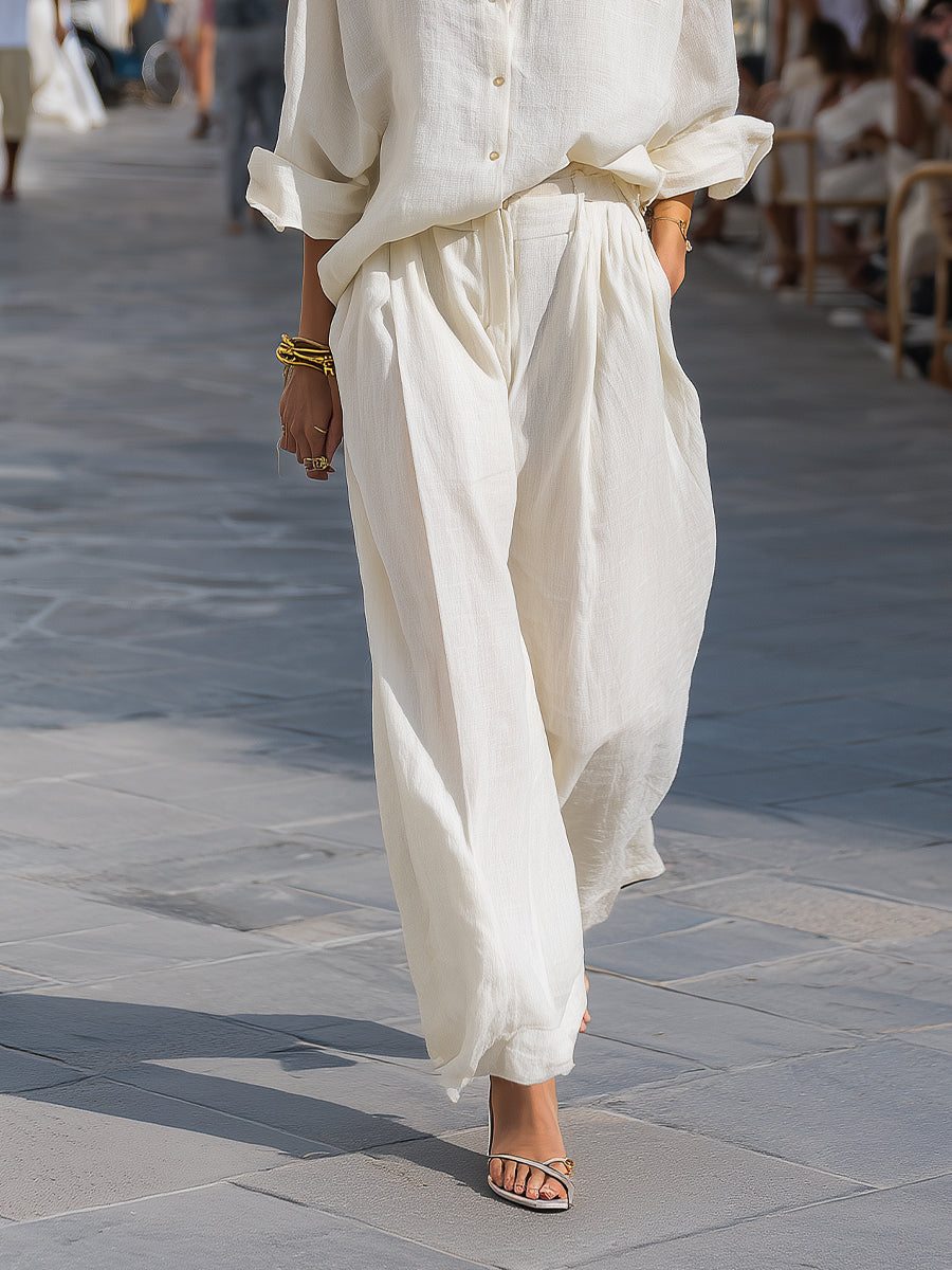 Women's Ivory Linen Set With Oversized Shirt & Wide-Leg Pants, Timeless Coastal-Chic Style Set MDA0904L5I