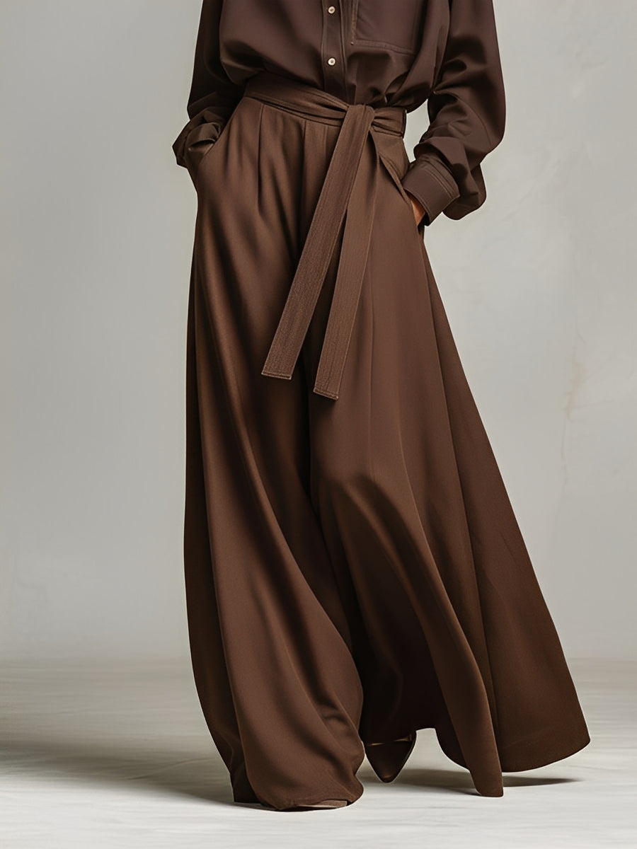 Women's Brown Tailored Cotton Elegant Collared Shirt & Belted Maxi Skirt Set MDA0501K1I