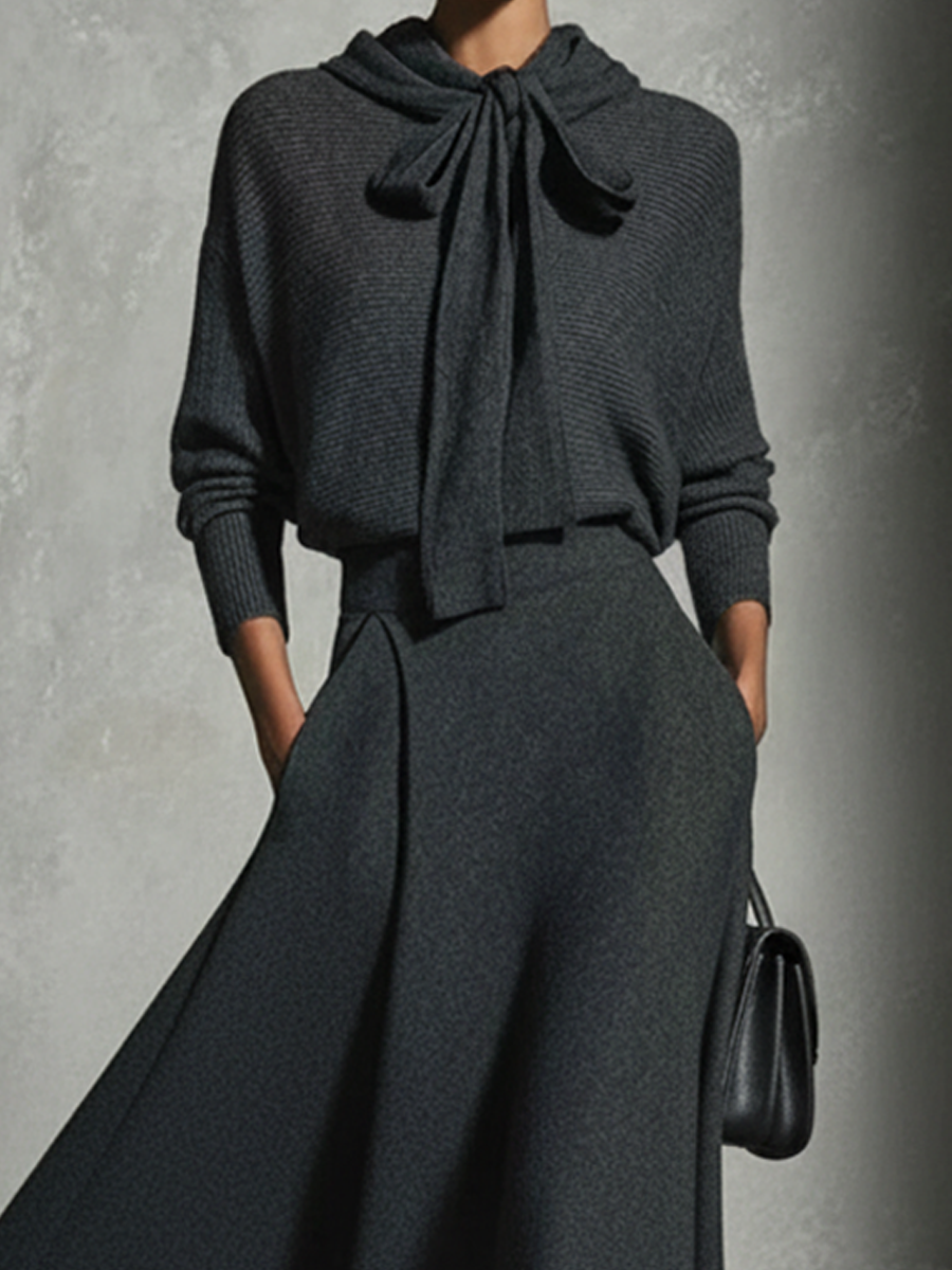 Women's Charcoal Gray Knitted Tie-Front Top And Flared Midi Skirt Set MDA1133L5AP