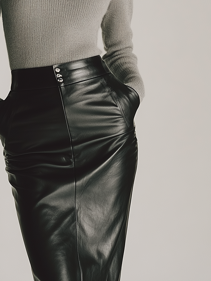 Women's Elegant And Stylish Gray Turtleneck Long-sleeved Knitted Slim-fit Base Layer Top Paired With A Black Leather Pencil Skirt MDA0861K0AN