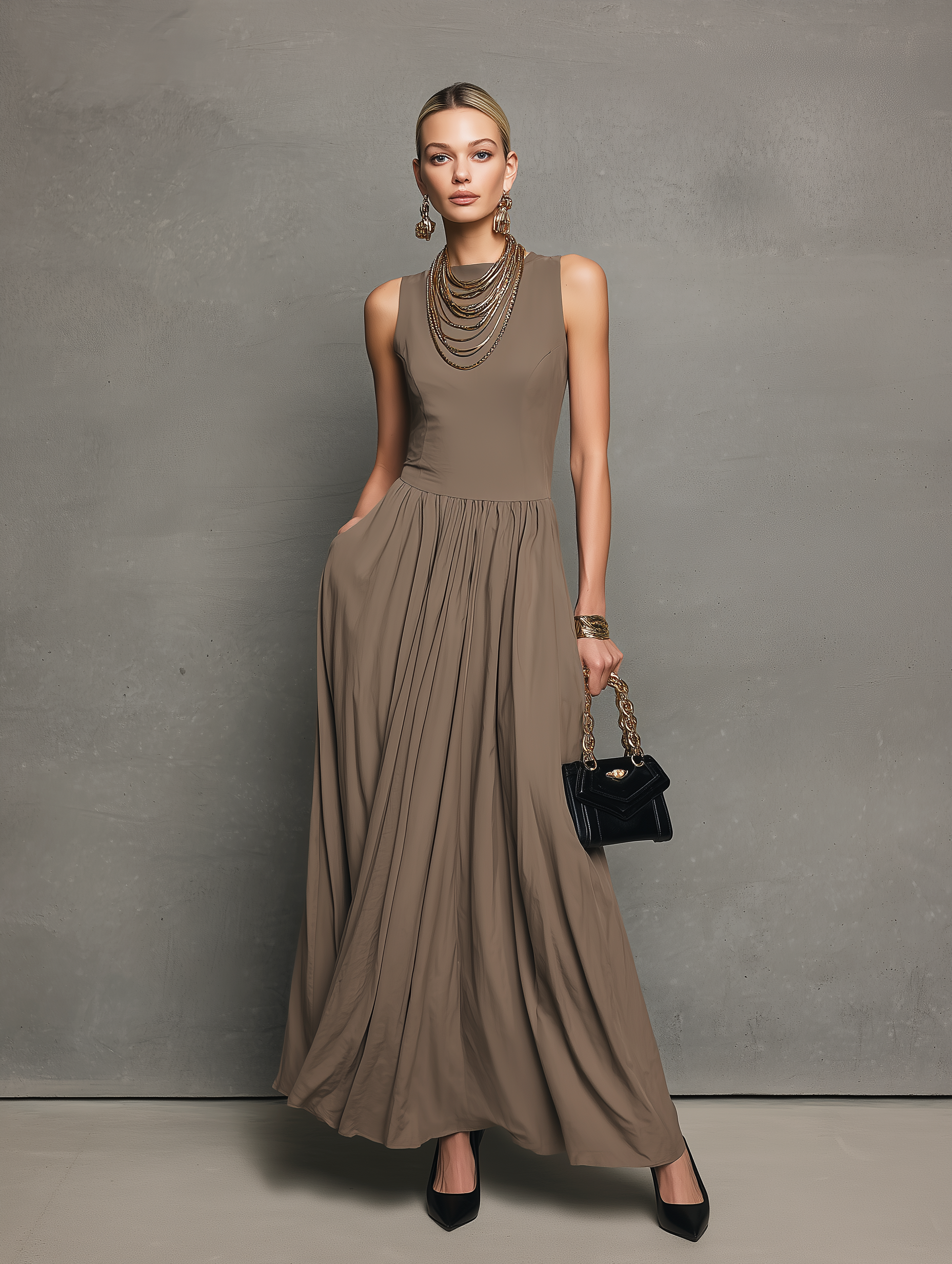 Women's Elegant Khaki Round Neck Sleeveless Long Dress MDZ1315B2AN