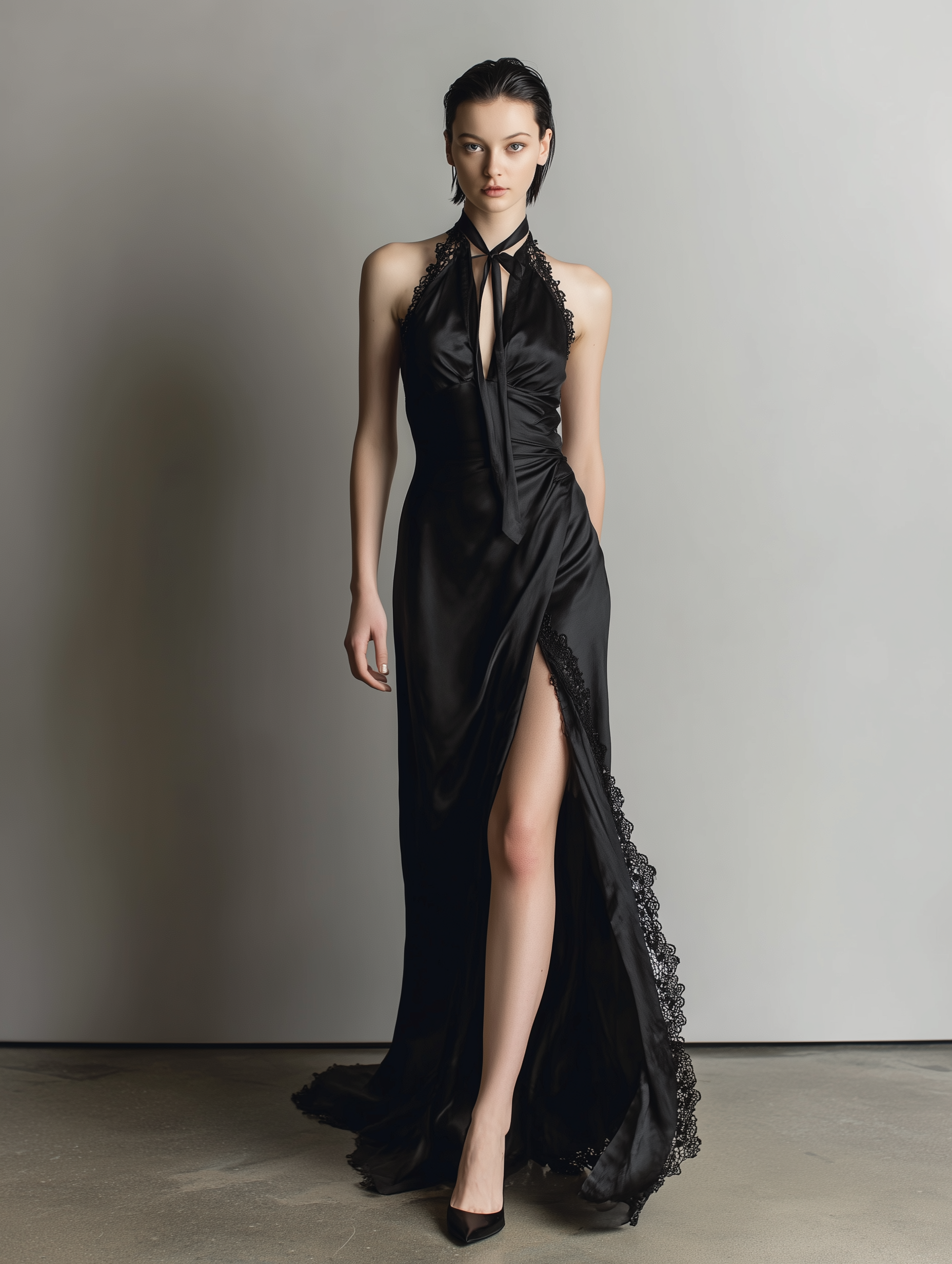 Women's Stylish Black Satin Halter-neck Sleeveless Maxi Dress With Tie MDZ0617A0AN