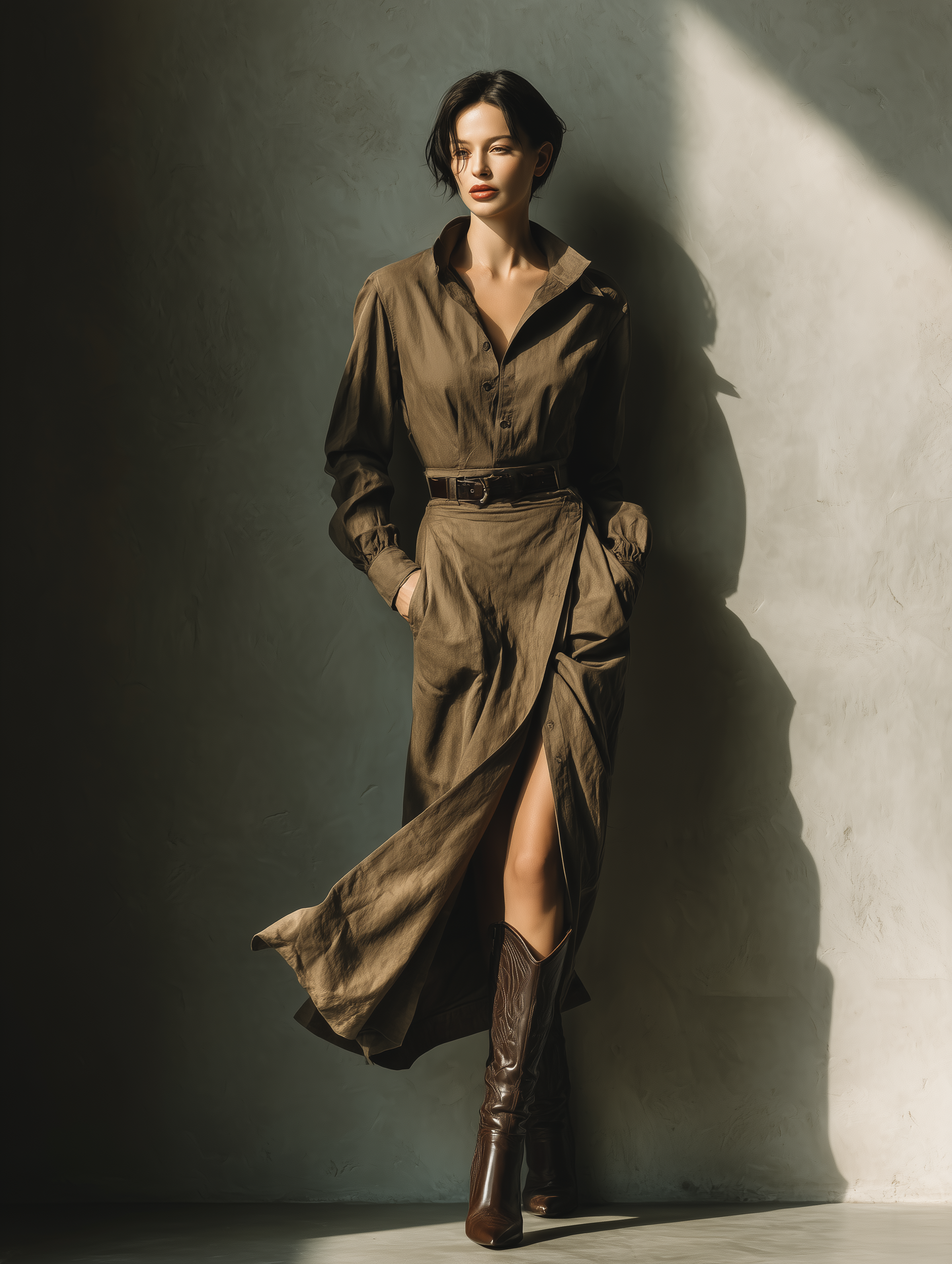 Women's Khaki Brown Cotton Linen Dress With A Lapel Collar, Fitted Waist, And Slit MDA2934K3T