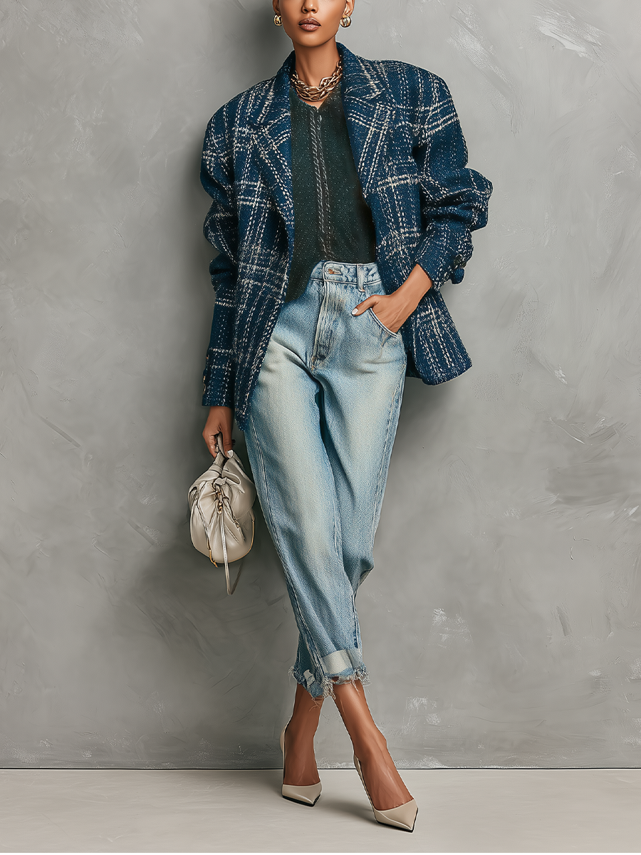 Women's Dark Blue Check Tweed Loose Vintage Jacket MDA2460I7T