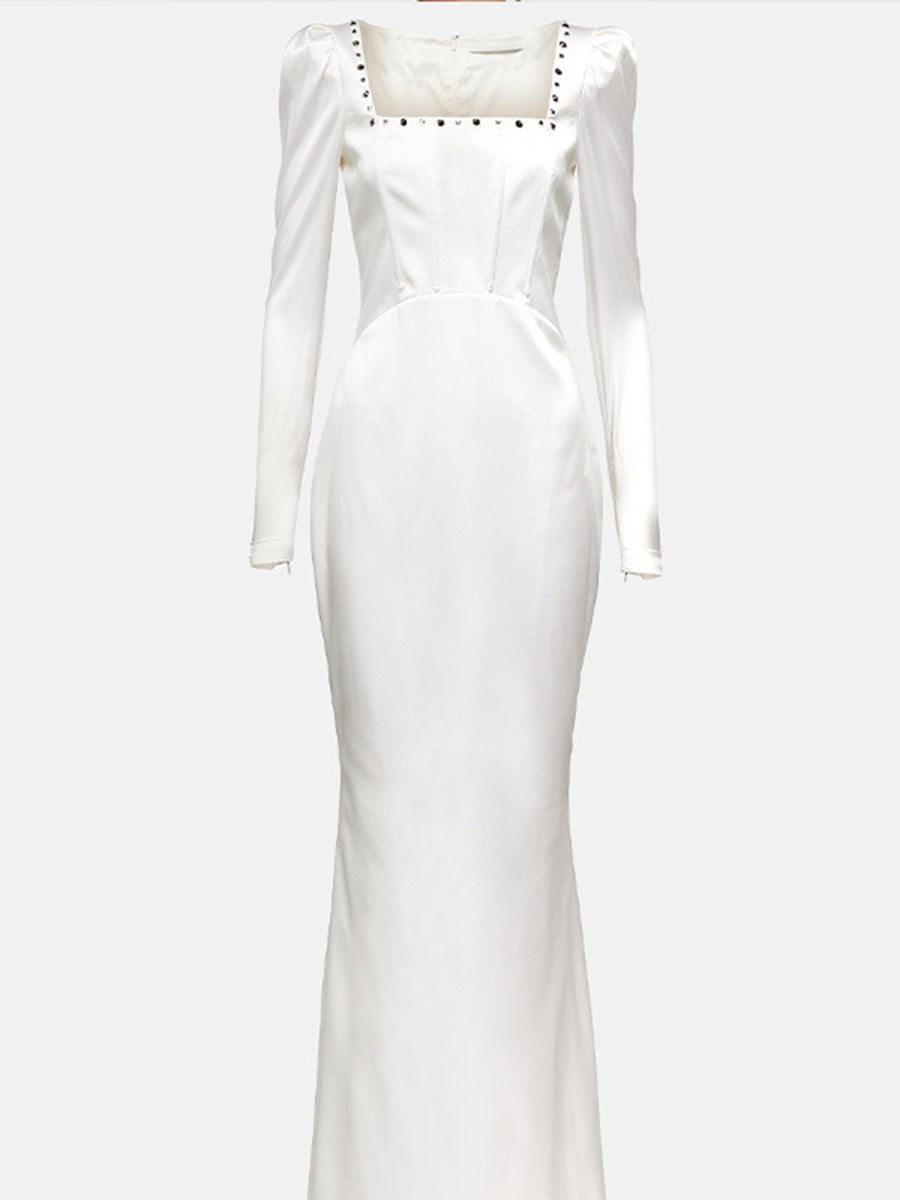 Women's Elegant White Long-Sleeved Herringbone-Designed Stretch Maxi Dress MDA0875I0I