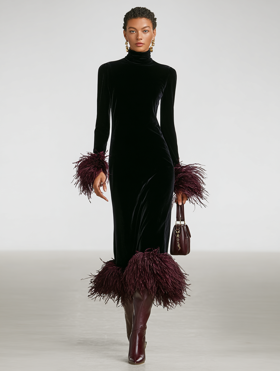 Women's Minimalist Velvet Patchwork Faux Ostrich Feather Cuffs And Hem Maxi Dress MDA1174J9Y