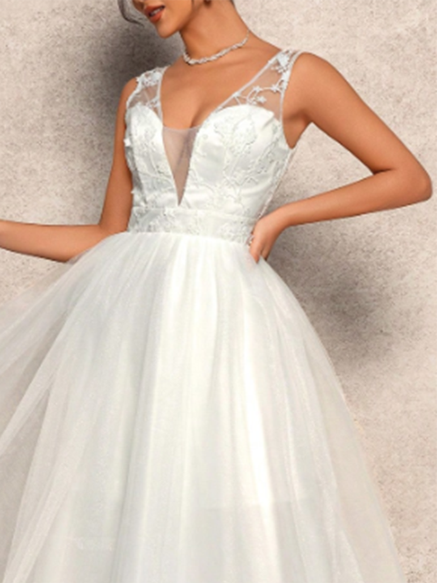 Deep V-neck Sleeveless Lace Mesh Waist Wedding Dress MDA2028F4Y