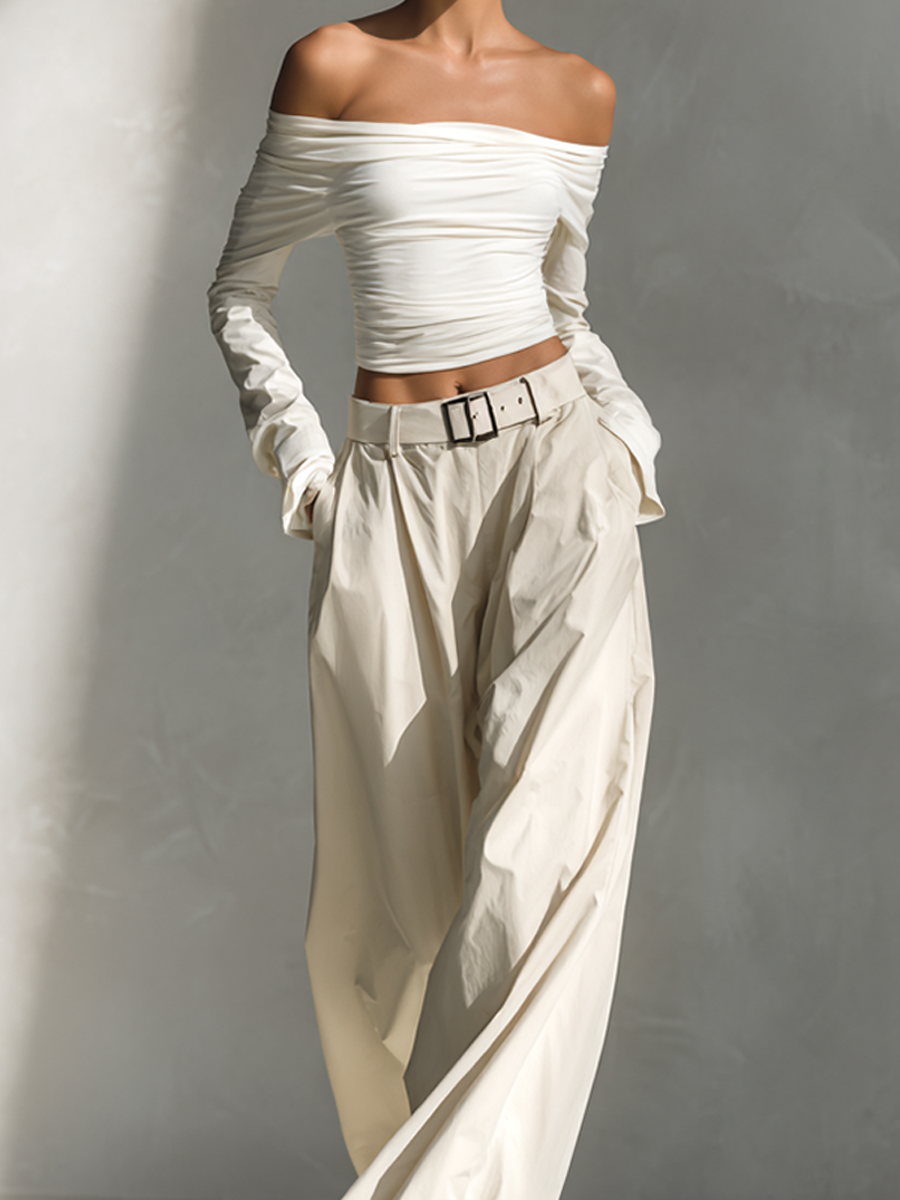 Women's Ivory Off-Shoulder Ruffled Top And Wide-Leg Pants Set (Belt Not Included) MDA0998L4AP
