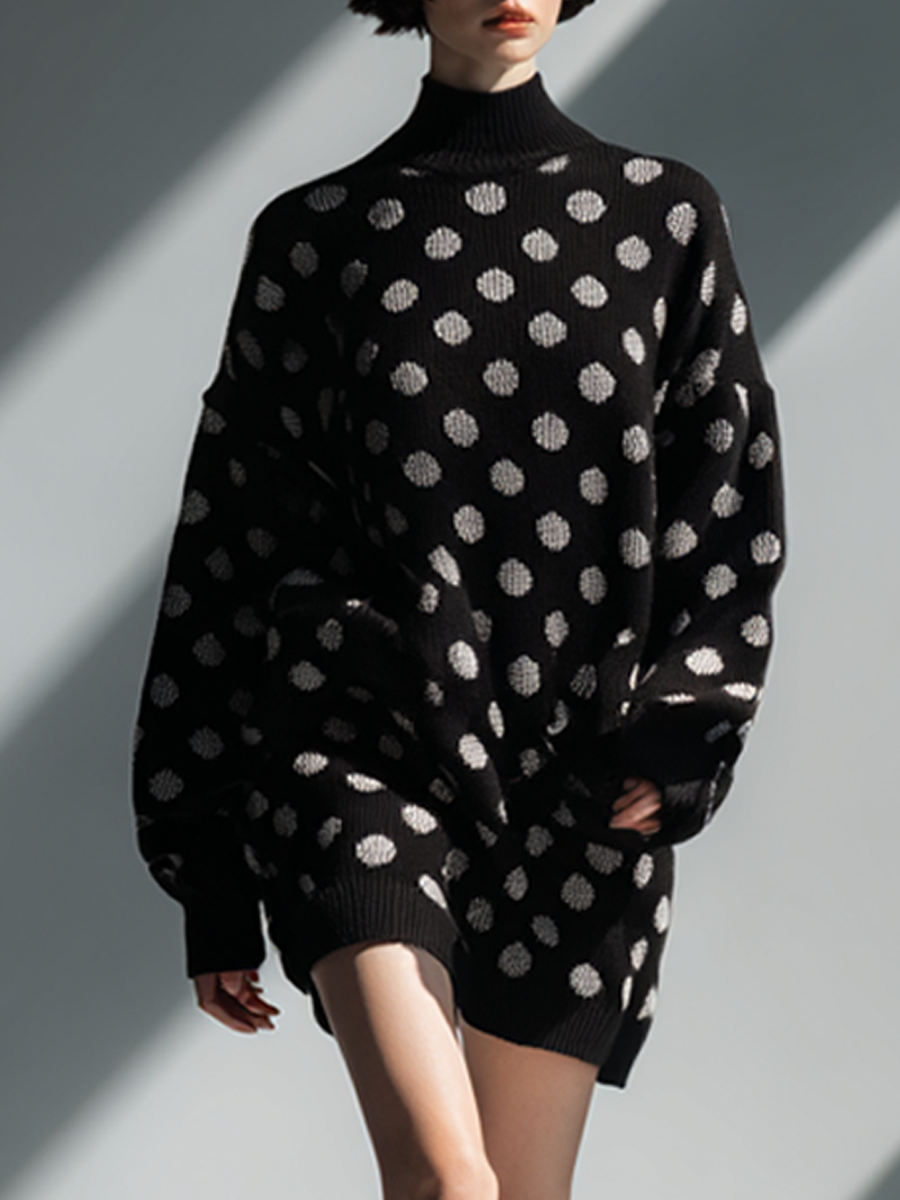Women's Oversized Polka Dot Turtleneck Knit Mini Dress MDA2836K5AP