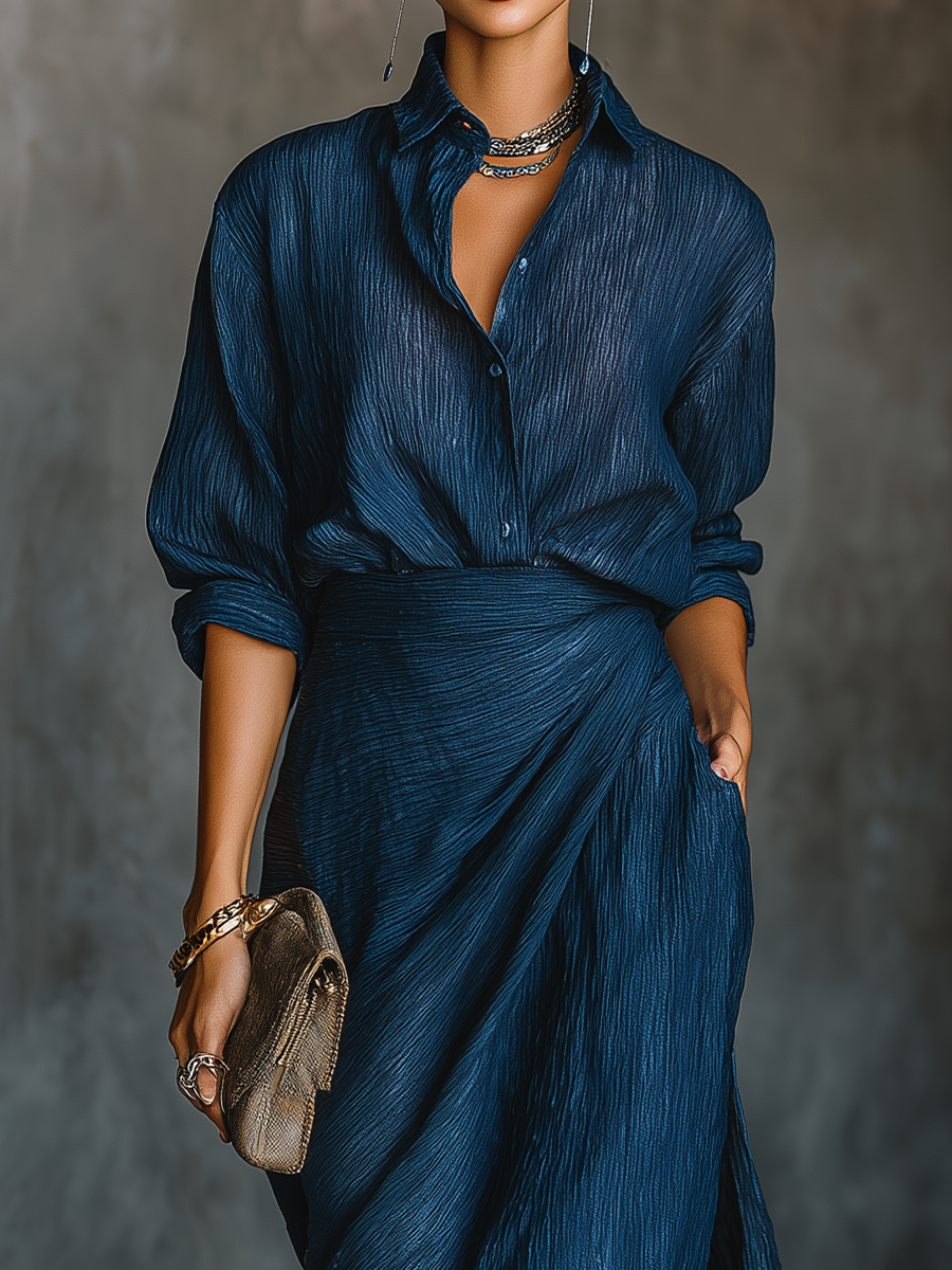Women's Dark Blue Cotton And Linen Blend Maxi Dress: An Elegant And Versatile Set MDA0665H5T