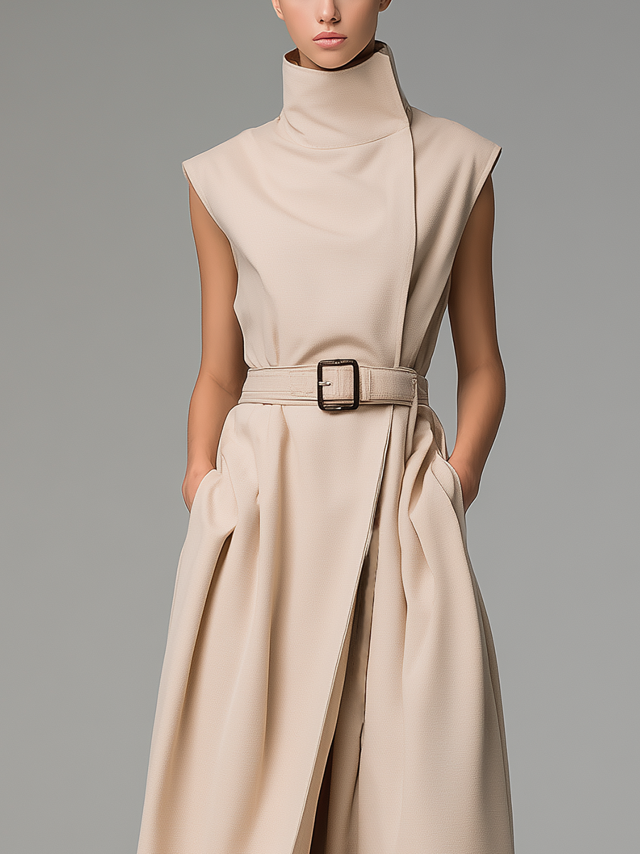 Women's Light Khaki Cotton Blend High-neck Sleeveless Belted Long Dress With Side Slit MDA0807L9T