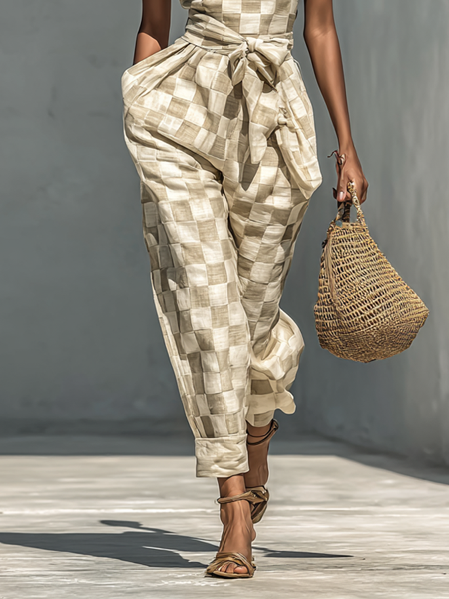 Women's Checkered Flutter Sleeve Belted Jumpsuit MDA1100G7Y