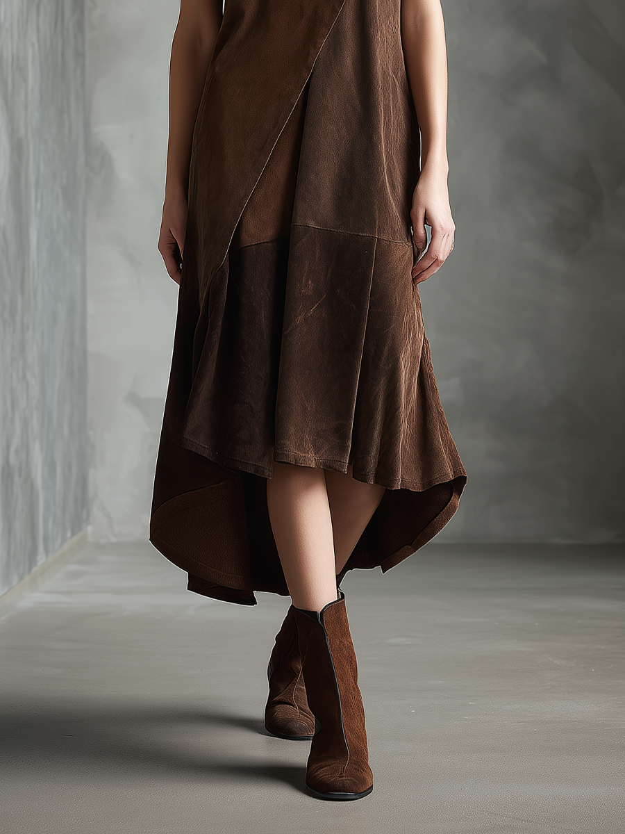 Women's Chocolate-colored Faux Suede Patchwork Irregular Hem Vest Midi Dress MDA0867K7T