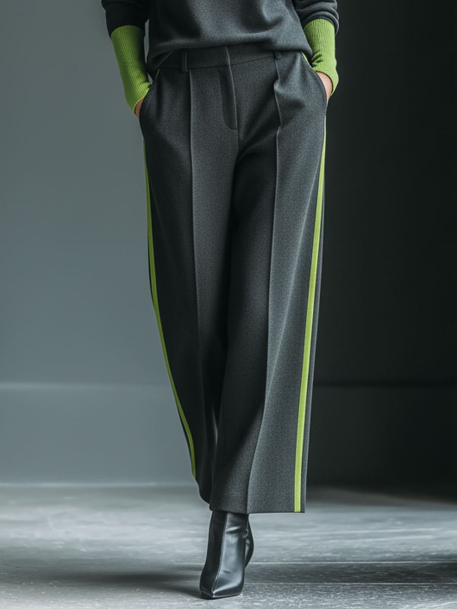 Women's Charcoal Knit Fabric Crew Neck Top With Lime Contrast & Wide-Leg Striped Pants Set MDA1559L3T
