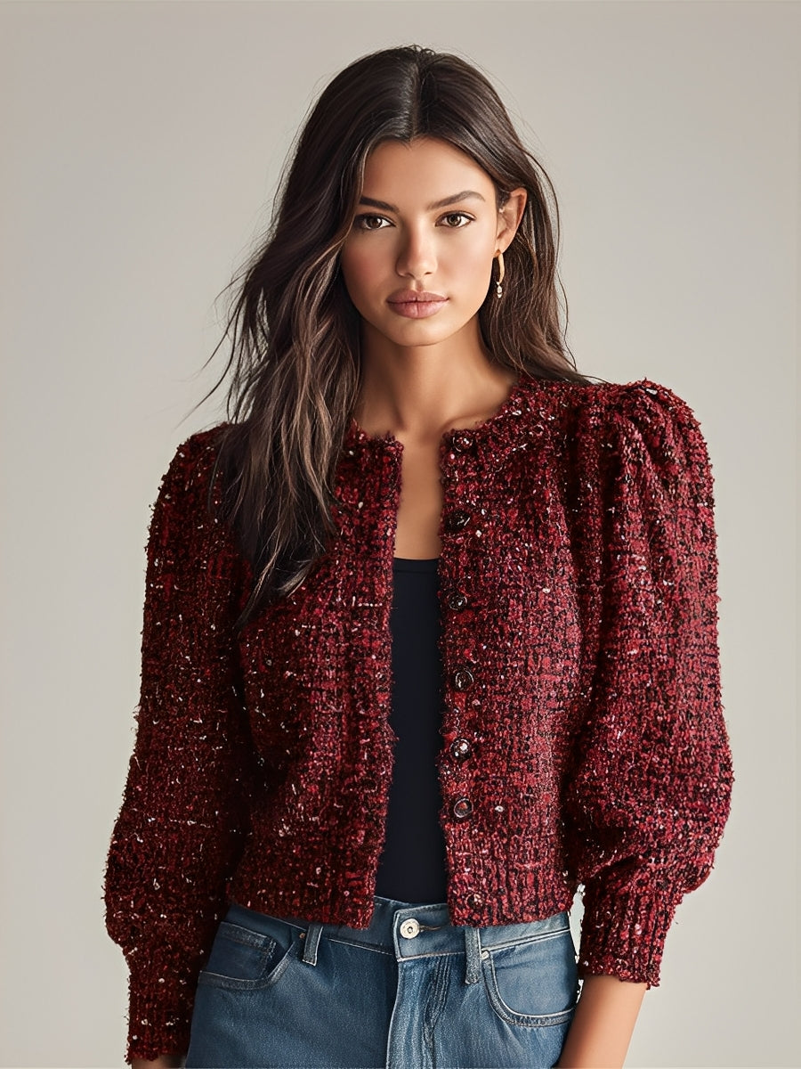 Women's Burgundy Elegant Tweed Puff - Sleeve Button - Front Cropped Jacket MDA2844I5I