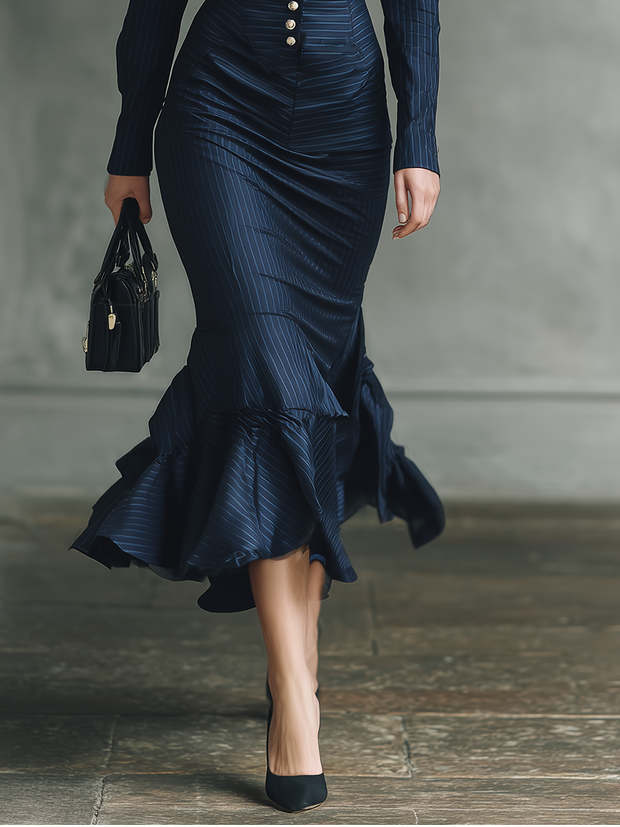 Women's Blue Elastic Blend Striped Fishtail Maxi Dress MDA3113G0T