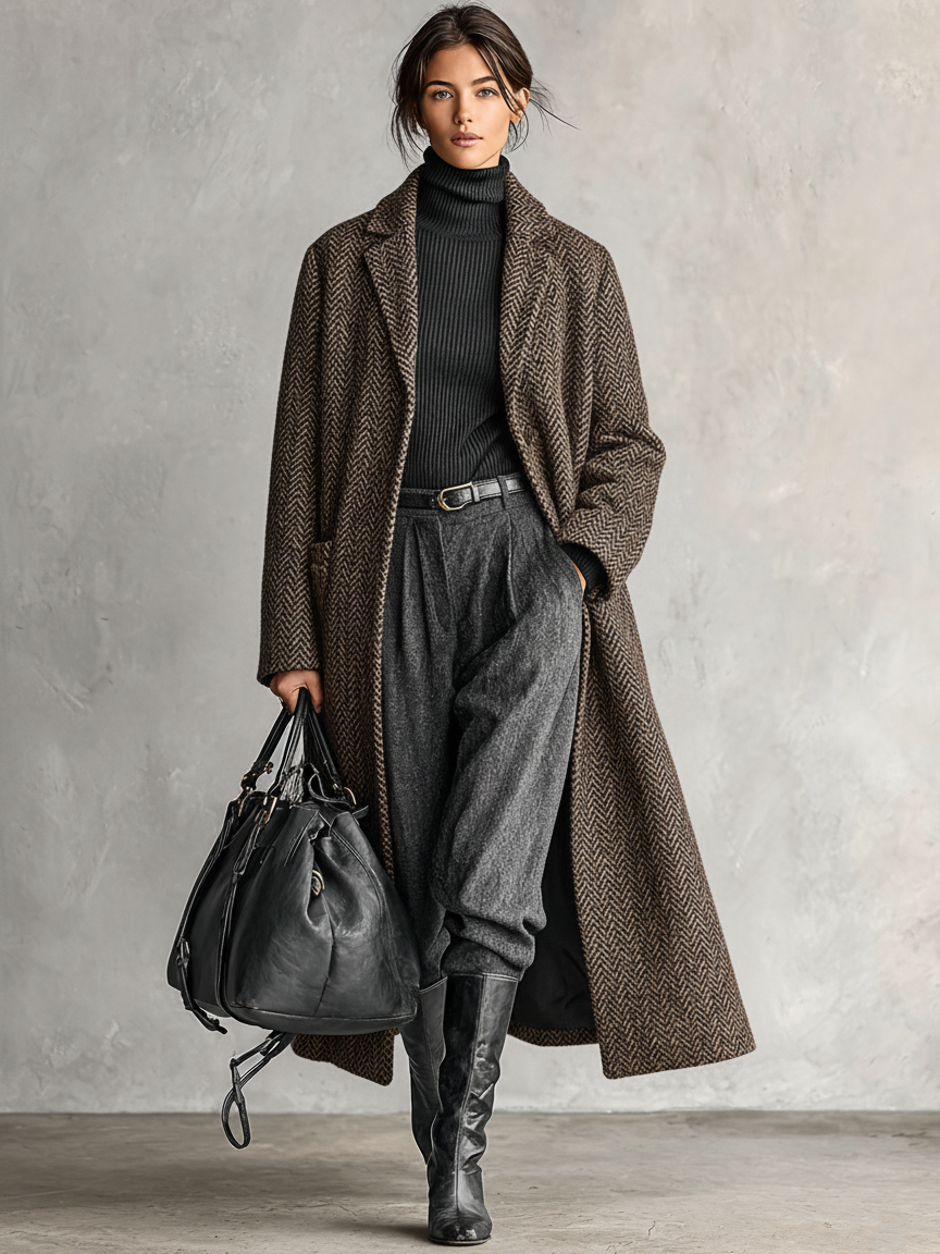 Women's Minimalist Loose Herringbone Wool Blend Lapel Long Coat MDA1780J3Y