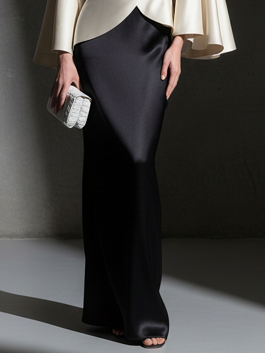 Women's Luxe Satin Ivory & Black Crew-Neck Cape-Sleeve Asymmetrical Top & Maxi Skirt Set MDA1712L0AU