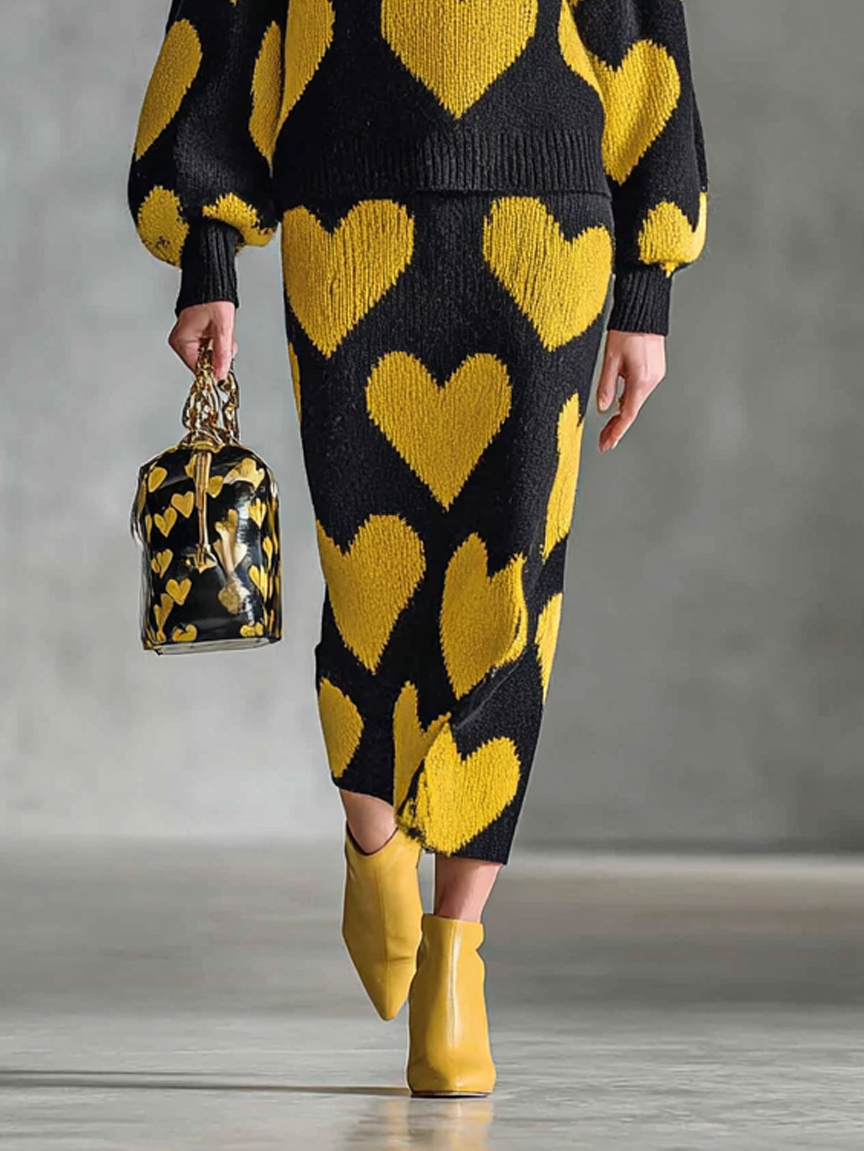 Women's Knitted Heart Jacquard Round Neck Sweater Skirt Set MDA1599J8Y