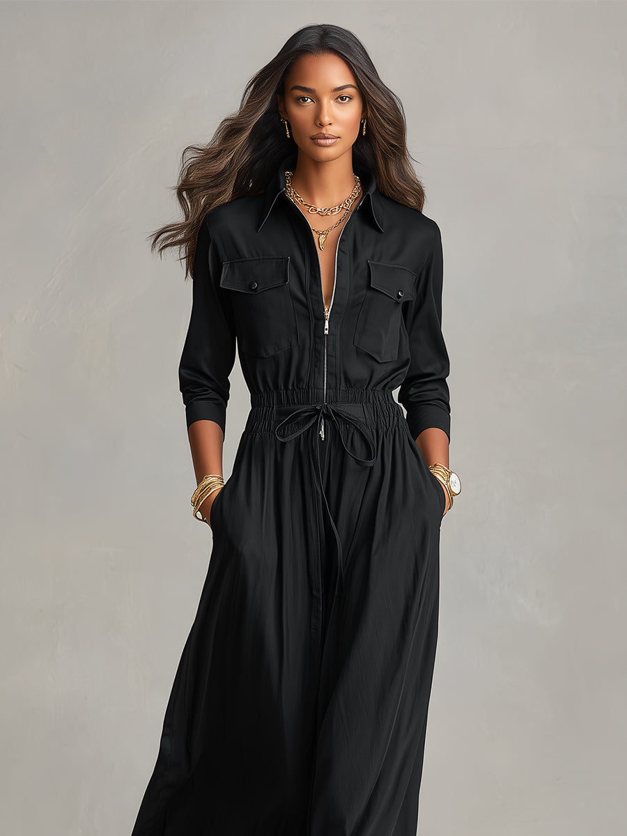 Women's Black Woven Maxi Dress With Cargo Pockets & Drawstring Waist, Timeless Casual-Chic Style Dress MDA3057L2I