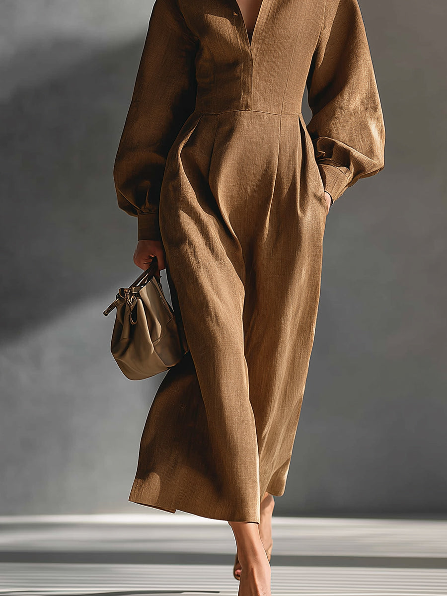 Women's Brown Chic Linen Cotton Blended Puff - Sleeve Maxi Dress MDA1120H7I