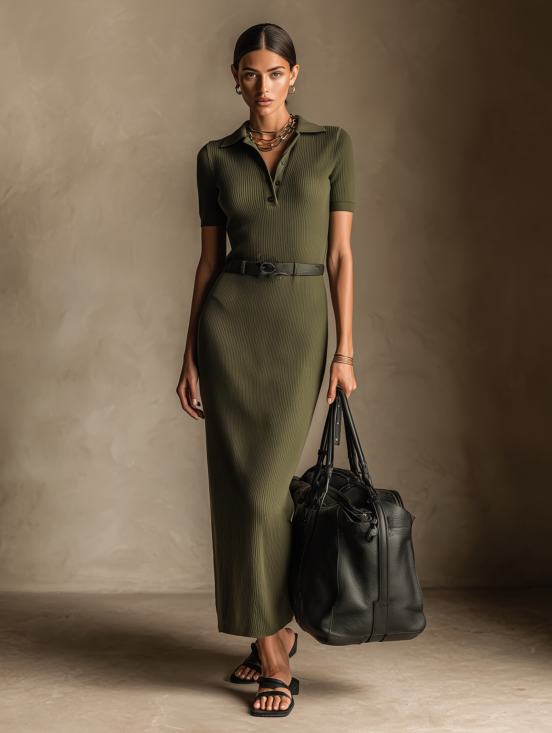 Women's Fashionable And Elegant Military Green Slim-fit Short-sleeved Button Polo Dress With Black Belt At The Waist, Mid-length Knit Dress MDA2105K4AN