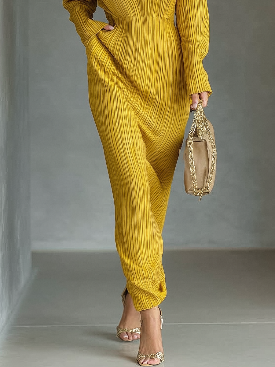 Women's Mustard Yellow Cotton Blend Pleated V-neck Waist Dress MDA1783I1T