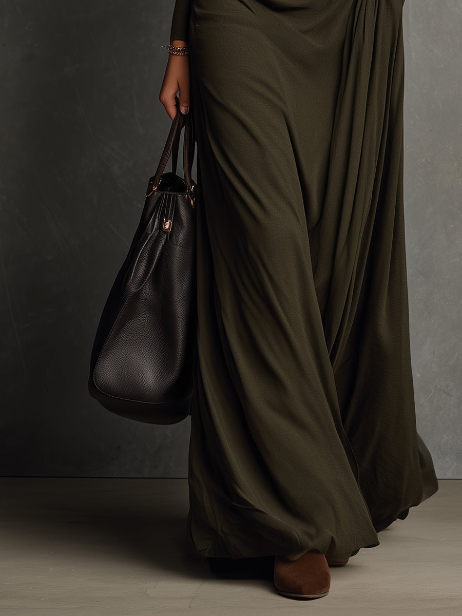 Women's Olive Green Draped Knit Maxi Dress With Cowl Neck & Flowy Hem, Timeless Elegant Dress MDA3013J5I