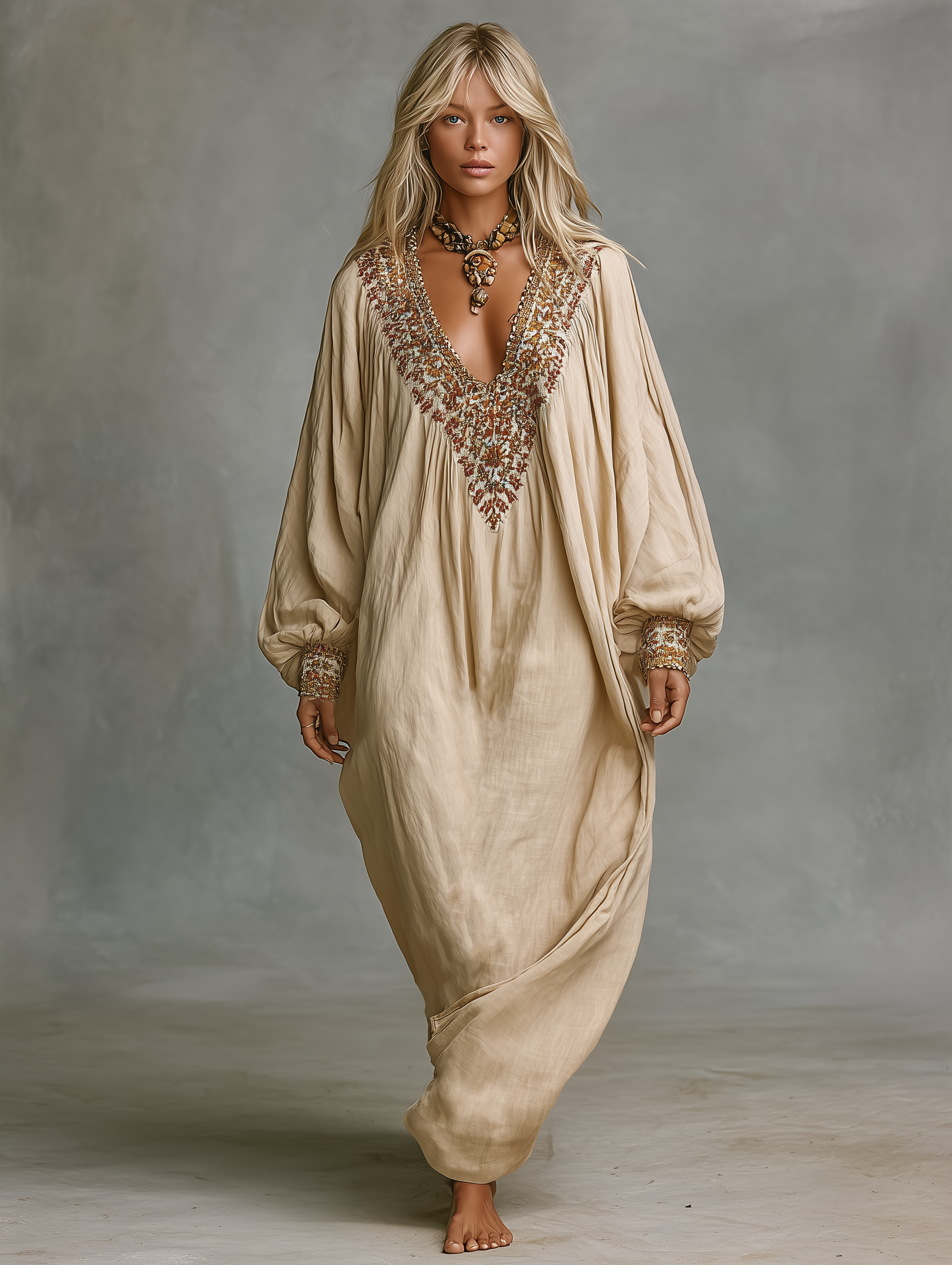 Women's Loose Cotton Linen V-neck Embroidered Maxi Dress