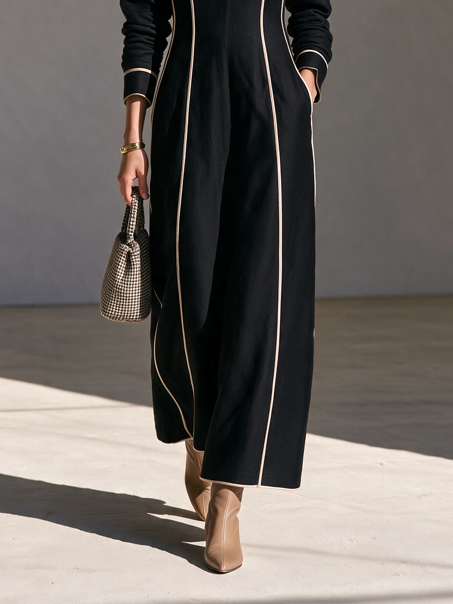 Women's Deep U-Neck Contrast-Piping Long-Sleeve Belted Pocket Slim Maxi Dress MDZ2704H5CMX