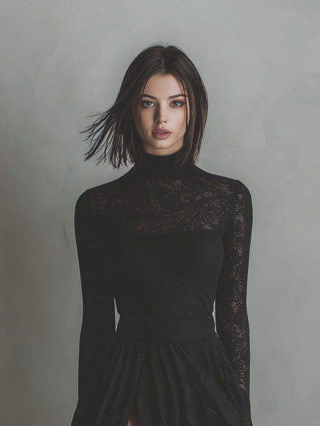 Women's Elegant And Fashionable Black Lace Long-sleeved Midi Dress With A Slit At The Hem MDA1299K3AN