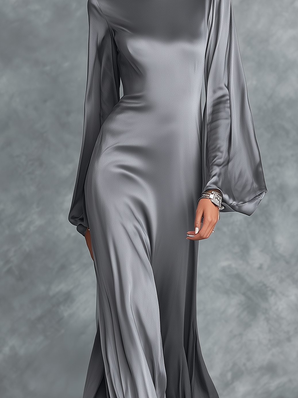 Women's Fashionable Grey Satin High-neck Long-sleeved Loose-fitting Maxi Dress MDZ0690A0AN