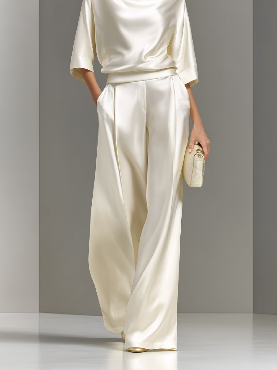 Women's Cream Luxe Woven Set With Half Sleeves & Relaxed Fit, Modern Elegant Style Set MDA0947L6I