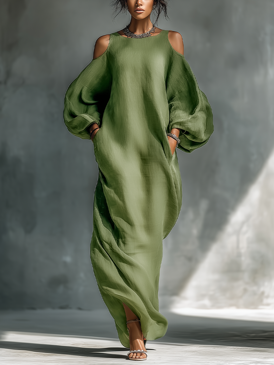 Women's Oatmeal Linen Dress With Mandarin Collar & Dolman Sleeves, Timeless Resort-Casual Style Dress MDZ0552B1I main image 1