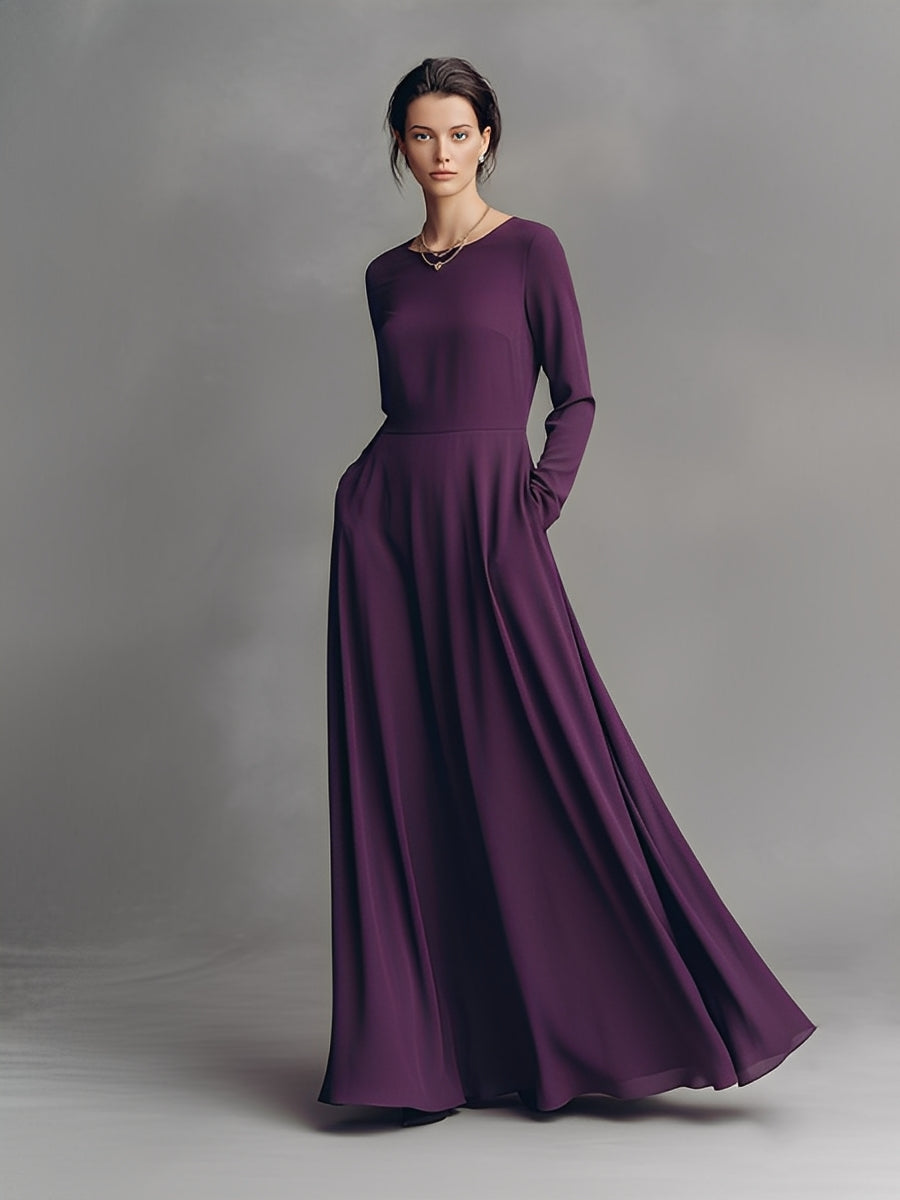 Women's Purple Flowy Chiffon Elegant Maxi Dress With Long Sleeves & Side Pockets, Sophisticated Evening Dress MDA3054J7I