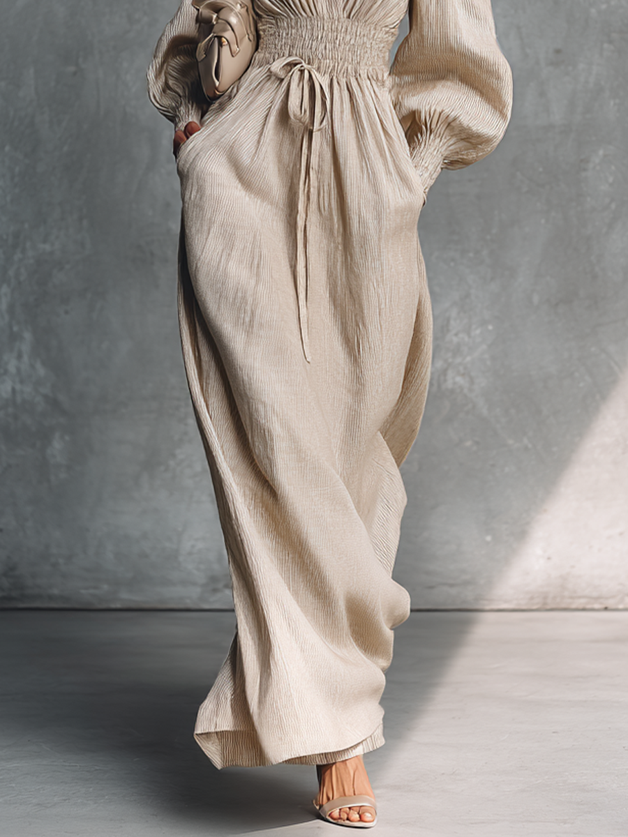 Women's Beige Cotton Linen Striped V-Neck Shirred Waist Maxi Dress MDZ0361C4BA